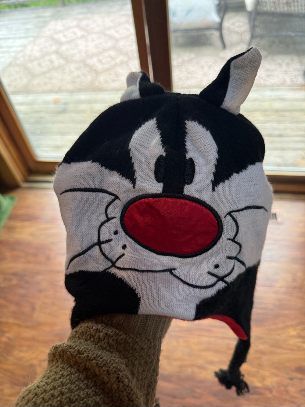 Black & White Cartoon Cat Knit Beanie with Red Nose